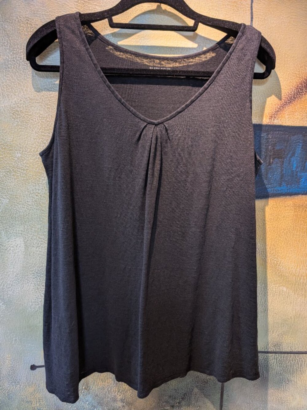 Eileen Fisher | Black | 100% Linen Tank Top | Size L | Pleated Neckline